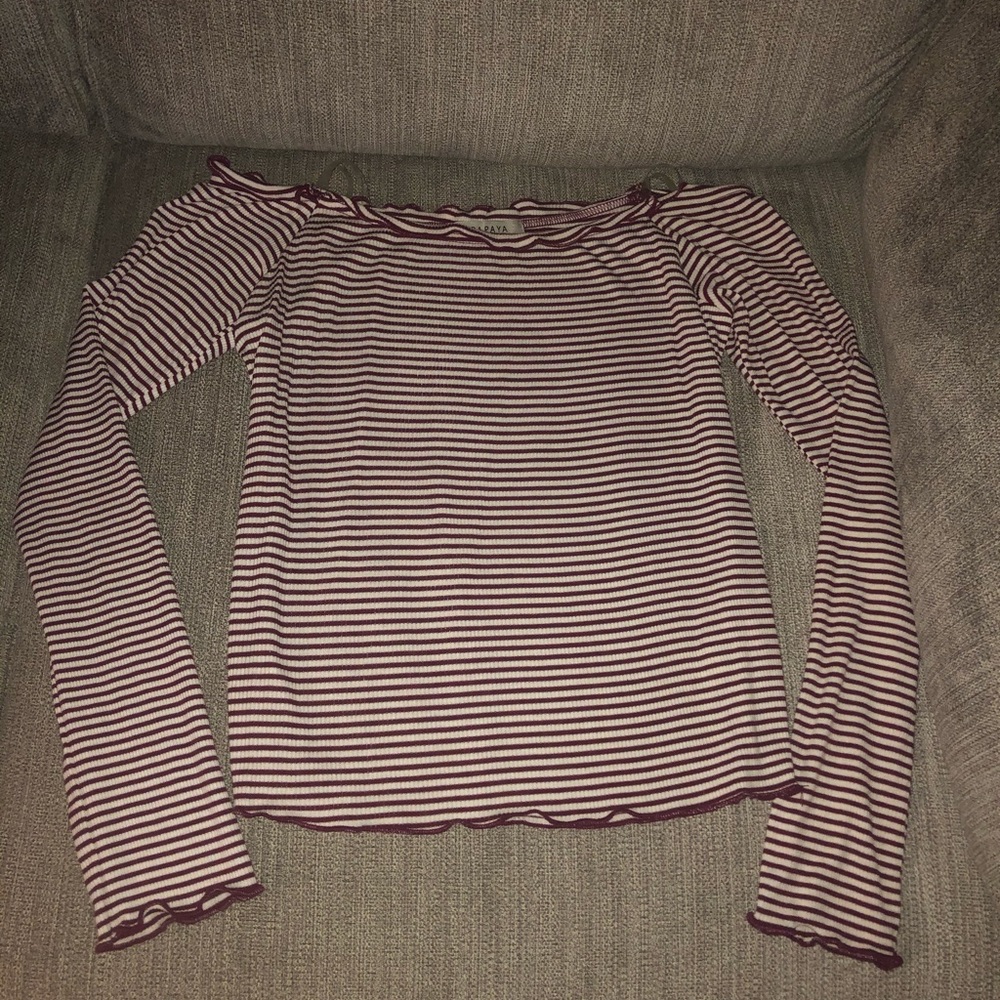 burgundy/white striped off the shoulder top <3